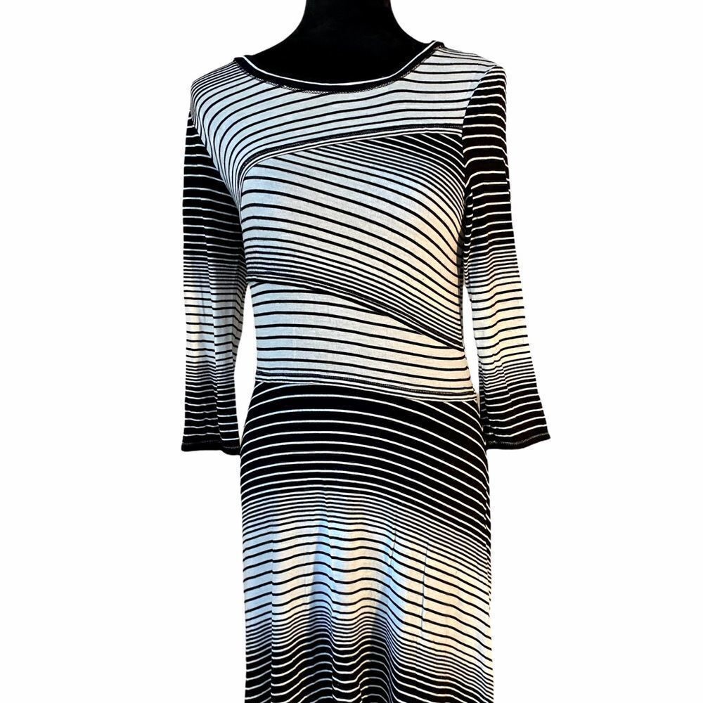 Max Studio Long Sleeve, Black & White Striped Crew Neck Midi Jersey Dress